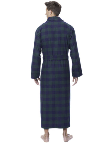 Mens Robe - 100% Cotton Flannel Robe - Gingham Green/Navy