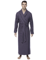 Box Packaged Men's Premium 100% Cotton Flannel Long Robe - Stripes Black/Grey