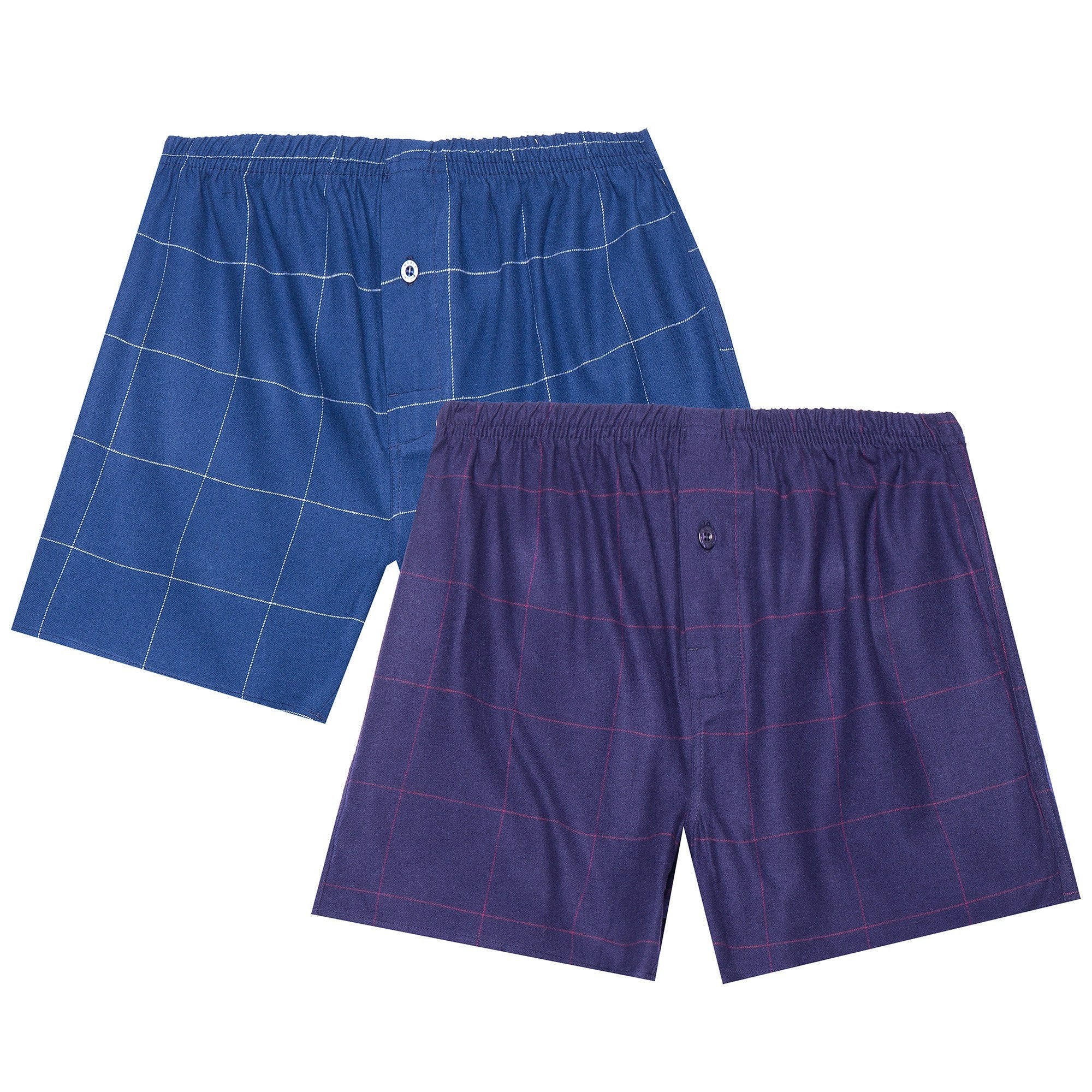 Men's 100% Cotton Flannel Boxers - 2 Pack - Windowpane Checks Blue-Red/Dark Blue