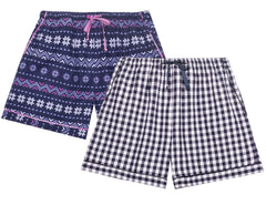 Women's Premium 100% Cotton Flannel Lounge Shorts 2-Pack - Nordic Snow-Gingham Blue