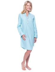Noble Mount Womens Premium 100% Cotton Flannel Long Sleeve Sleep Shirt - Herringbone Aqua