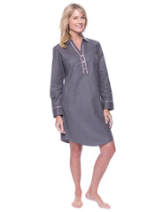 Noble Mount Womens Premium 100% Cotton Flannel Long Sleeve Sleep Shirt - Pindots Charcoal