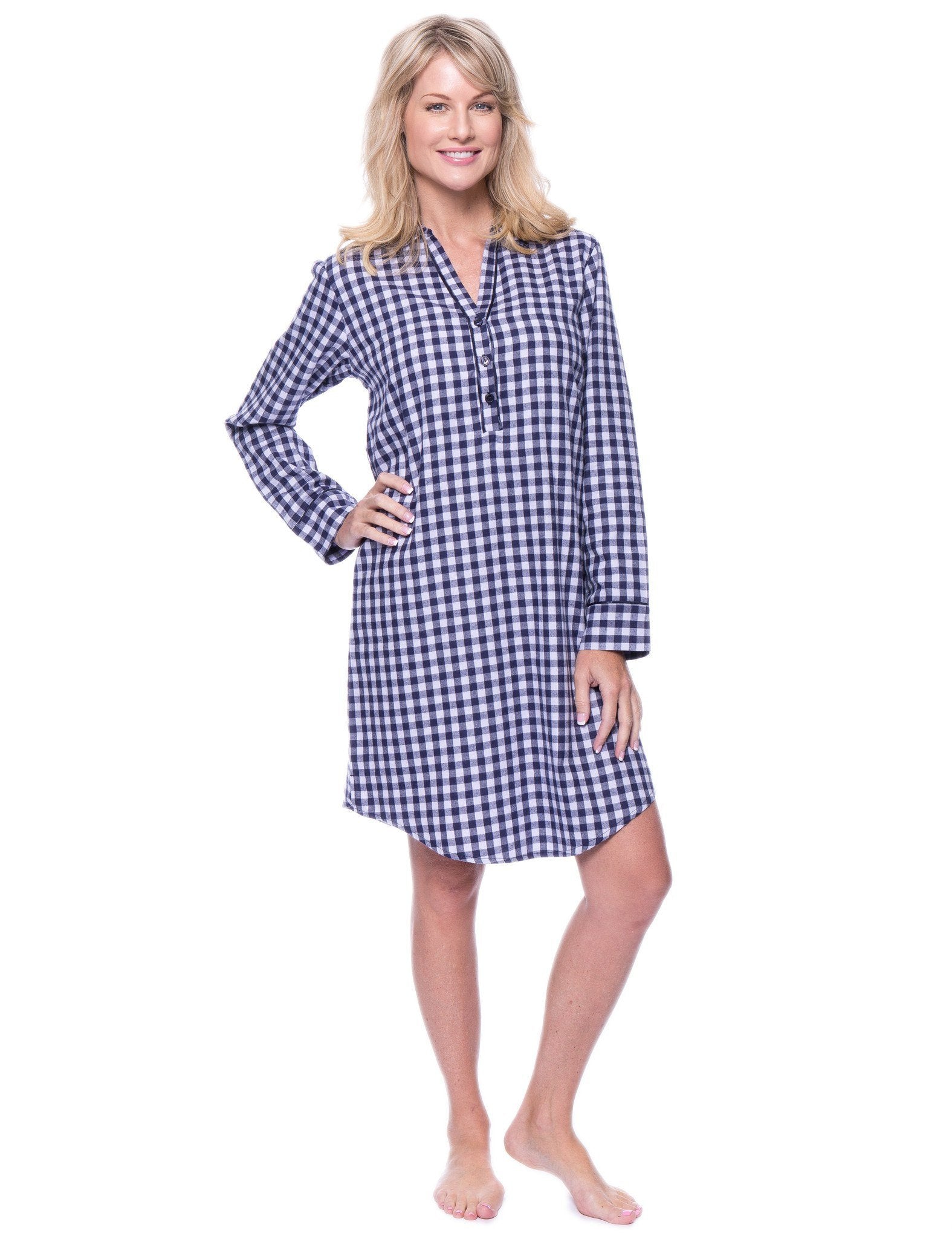 Noble Mount Womens Premium 100% Cotton Flannel Long Sleeve Sleep Shirt - Gingham Blue/Heather