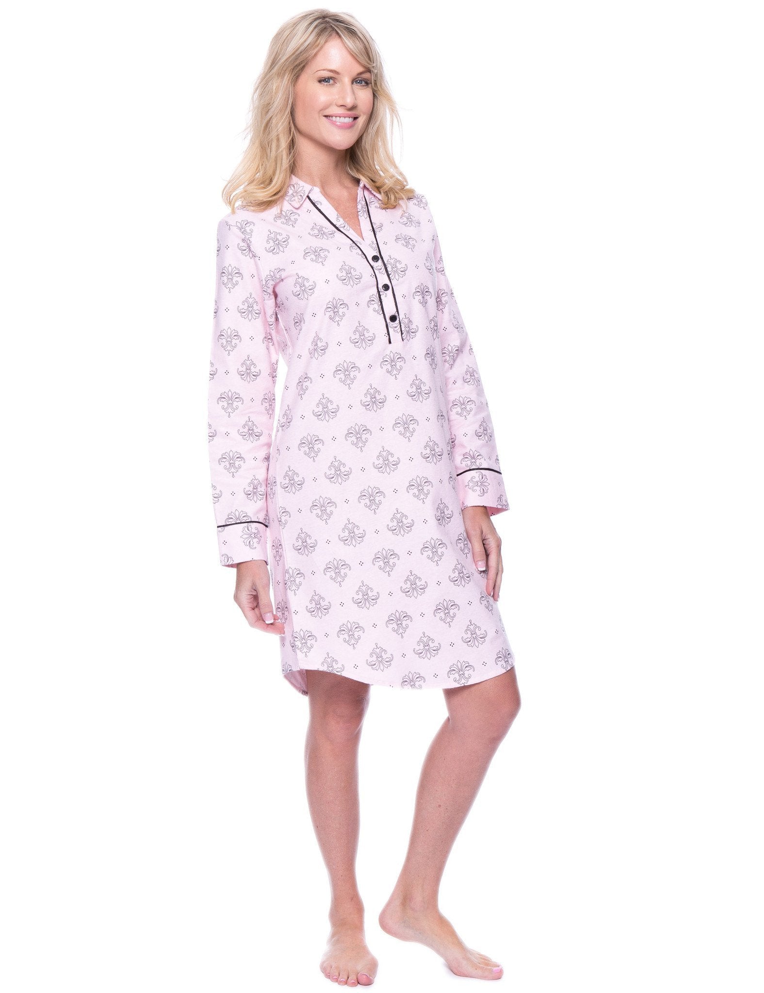 Noble Mount Womens Premium 100% Cotton Flannel Long Sleeve Sleep Shirt - Fleur Pink/Black