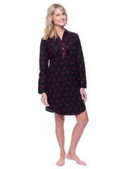Noble Mount Womens Premium 100% Cotton Flannel Long Sleeve Sleep Shirt - Hearts Black/Red