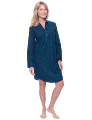 Noble Mount Womens Premium 100% Cotton Flannel Long Sleeve Sleep Shirt - Moroccan Navy/Teal