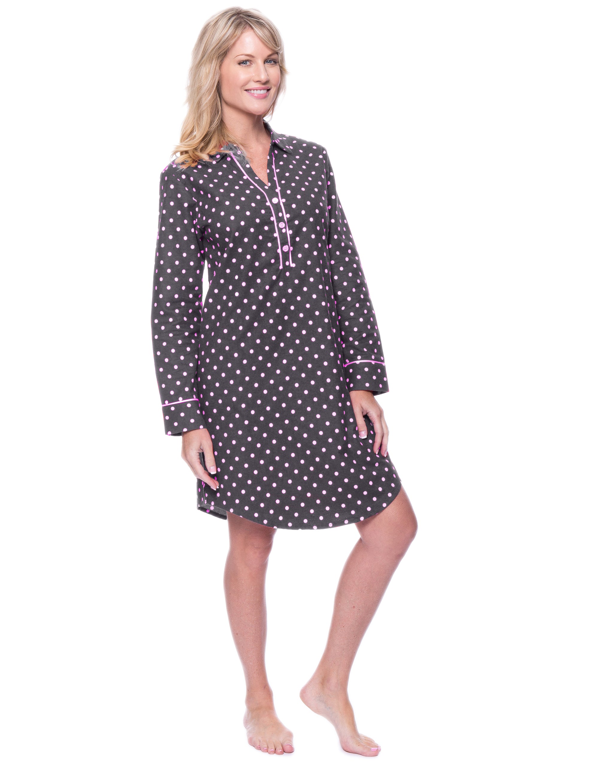 Noble Mount Womens Premium 100% Cotton Flannel Long Sleeve Sleep Shirt - Dots Diva Gray-Pink