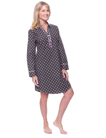 Noble Mount Womens Premium 100% Cotton Flannel Long Sleeve Sleep Shirt - Dots Diva Gray-Pink