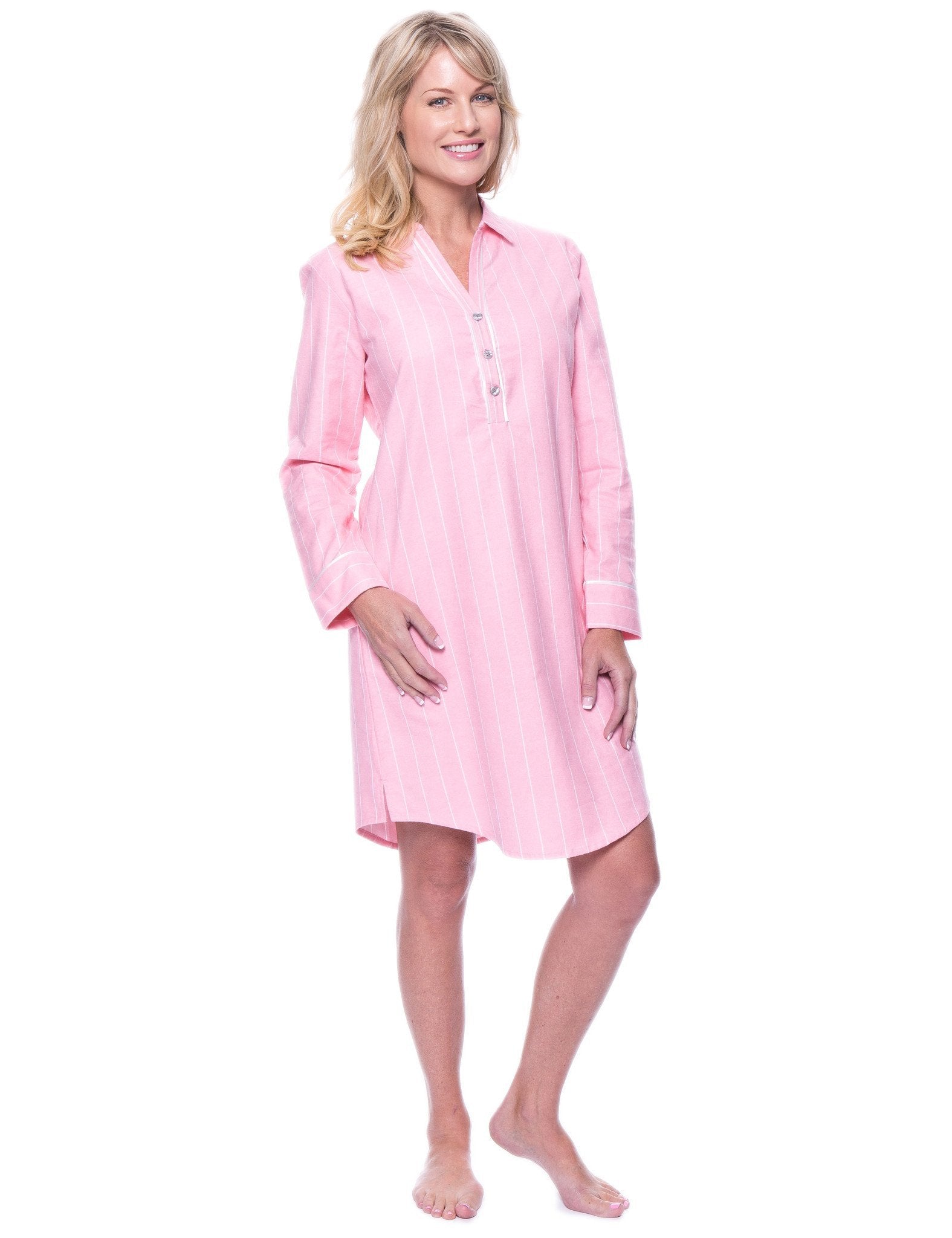 Noble Mount Womens Premium 100% Cotton Flannel Long Sleeve Sleep Shirt - Stripes Pink