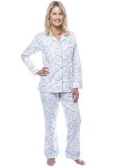 Women's 100% Cotton Flannel Pajama Sleepwear Set - Floral White/Blue