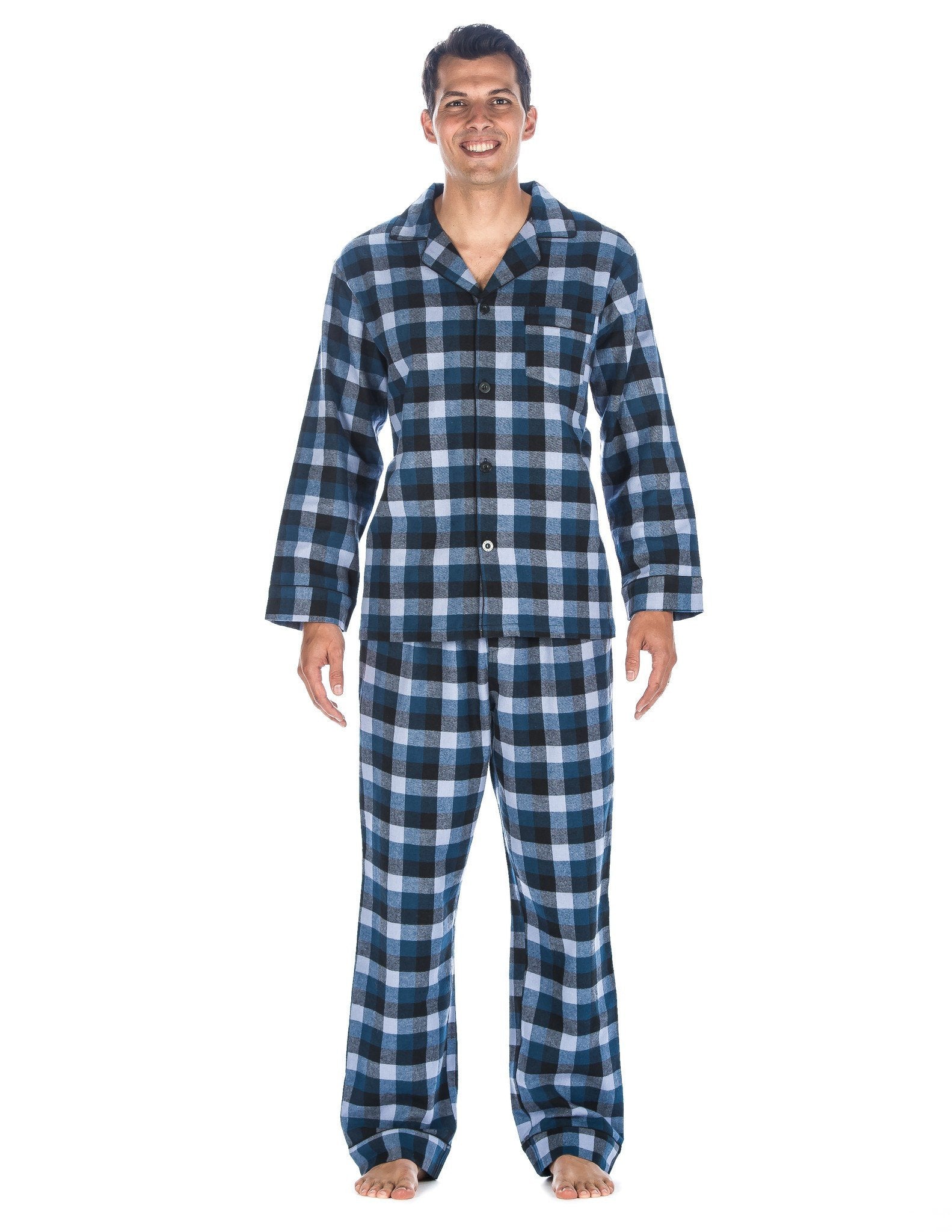 Relaxed Fit Men's Premium 100% Cotton Flannel Pajama Sleepwear Set - Denim Tone Plaid