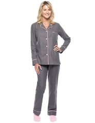 Womens Premium 100% Cotton Flannel Pajama Sleepwear Set - Pindots Charcoal-Pink