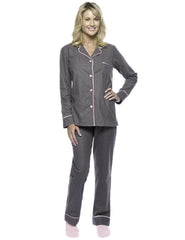 Womens Premium Cotton Flannel Pajama Sleepwear Set  - Pindots Charcoal