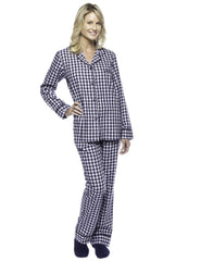 Boxed Pacakged Womens Premium Cotton Flannel Pajama Sleepwear Set with Free Plush Socks - Gingham Blue/Heather