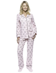 Womens Premium Cotton Flannel Pajama Sleepwear Set - Fleur Pink/Black