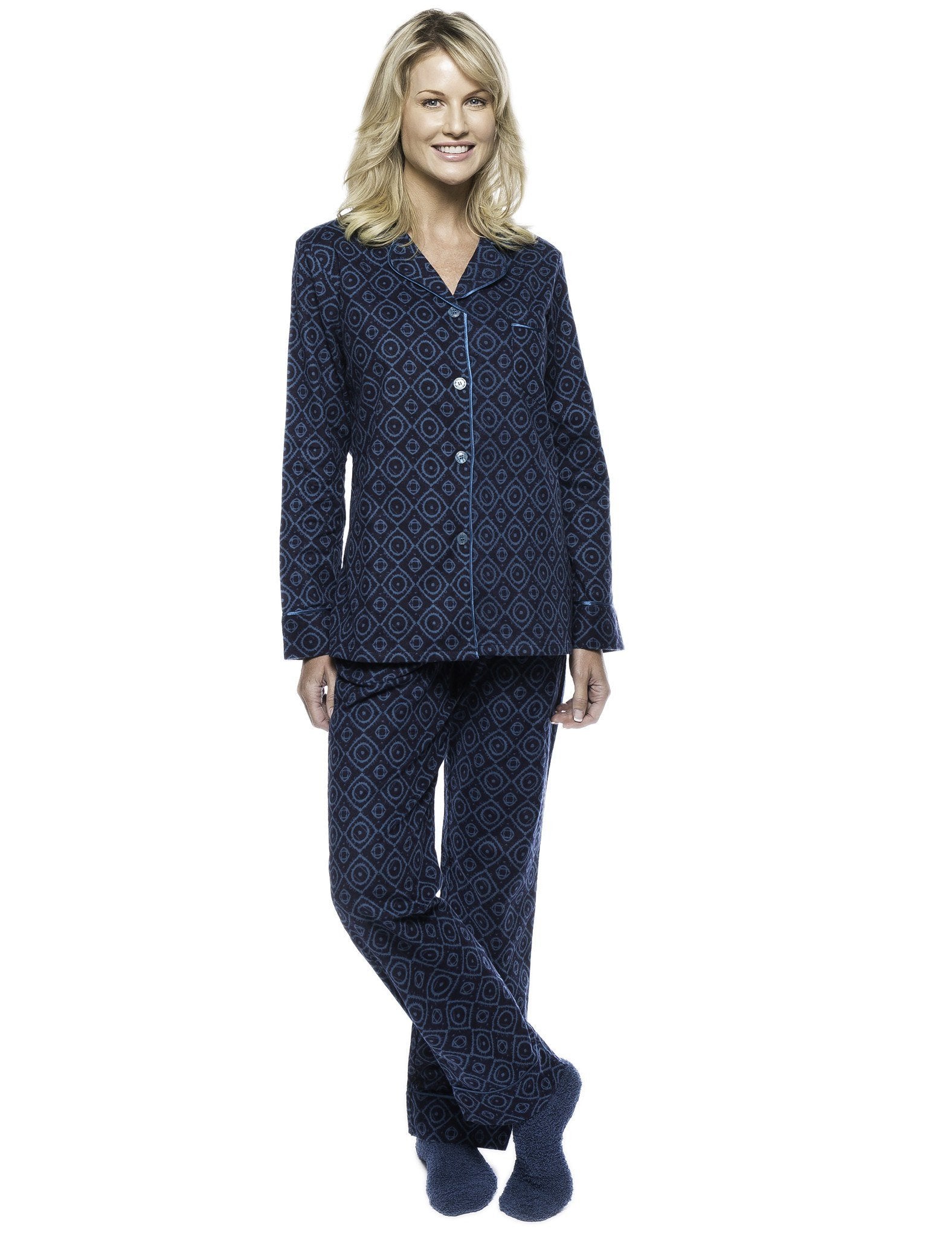 Womens Premium Cotton Flannel Pajama Sleepwear Set - Moroccan Navy/Teal