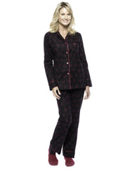 Boxed Pacakged Womens Premium Cotton Flannel Pajama Sleepwear Set with Free Plush Socks - Hearts Black/Red