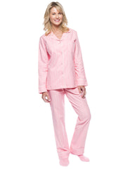 Womens Premium 100% Cotton Flannel Pajama Sleepwear Set - Stripes Pink-White