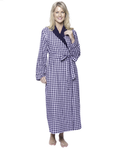 Robes for Women, Cotton Flannel Fleece Lined Womens robe - Gingham Blue