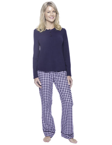 Womens Premium 100% Cotton Flannel Loungewear Set - Gingham Blue/Heather