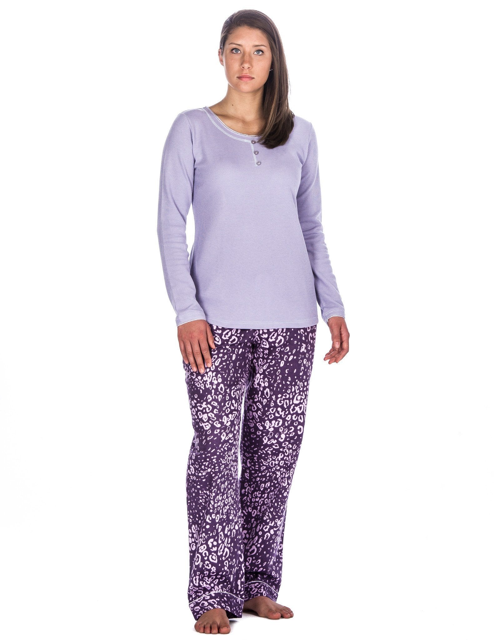 Relaxed Fit Womens Cotton Flannel Lounge Set with Crew Neck Top - Leopard Purple