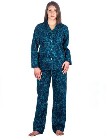 Realxed Fit Womens 100% Cotton Flannel Pajama Sleepwear Set - Leopard Blue