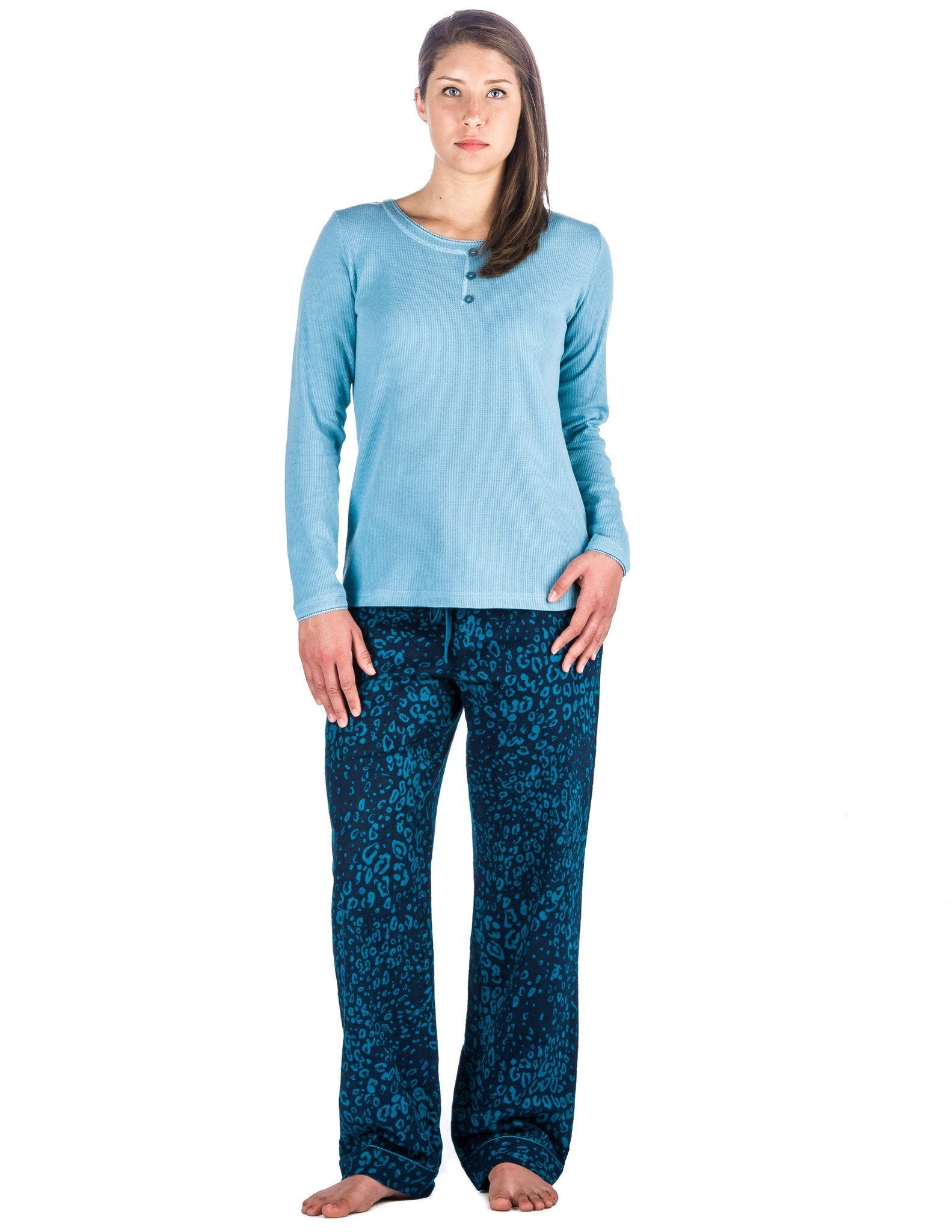 Relaxed Fit Womens Cotton Flannel Lounge Set with Crew Neck Top - Leopard Blue
