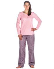 Relaxed Fit Womens Cotton Flannel Lounge Set with Crew Neck Top - Hearts Pink