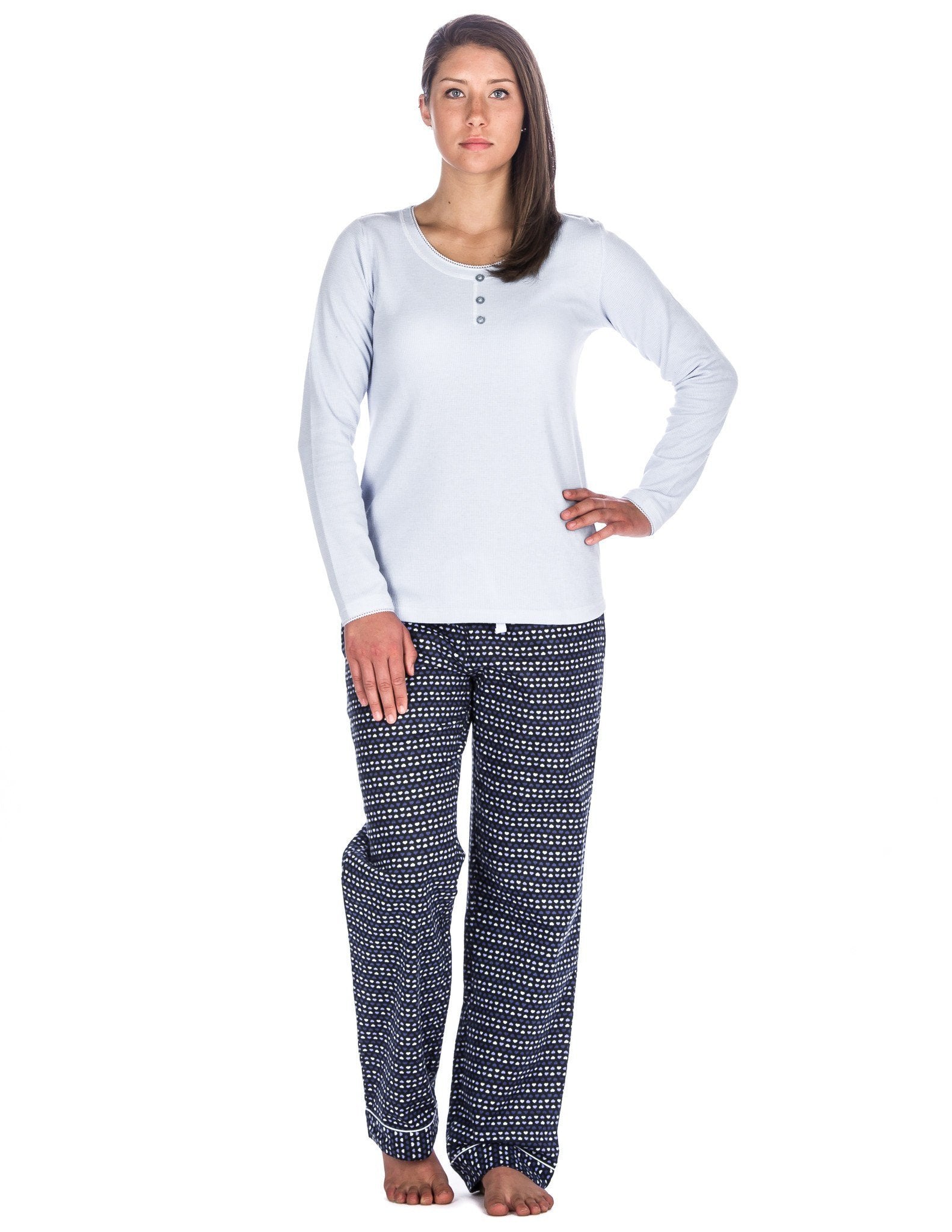 Relaxed Fit Womens Cotton Flannel Lounge Set with Crew Neck Top - Hearts Blue