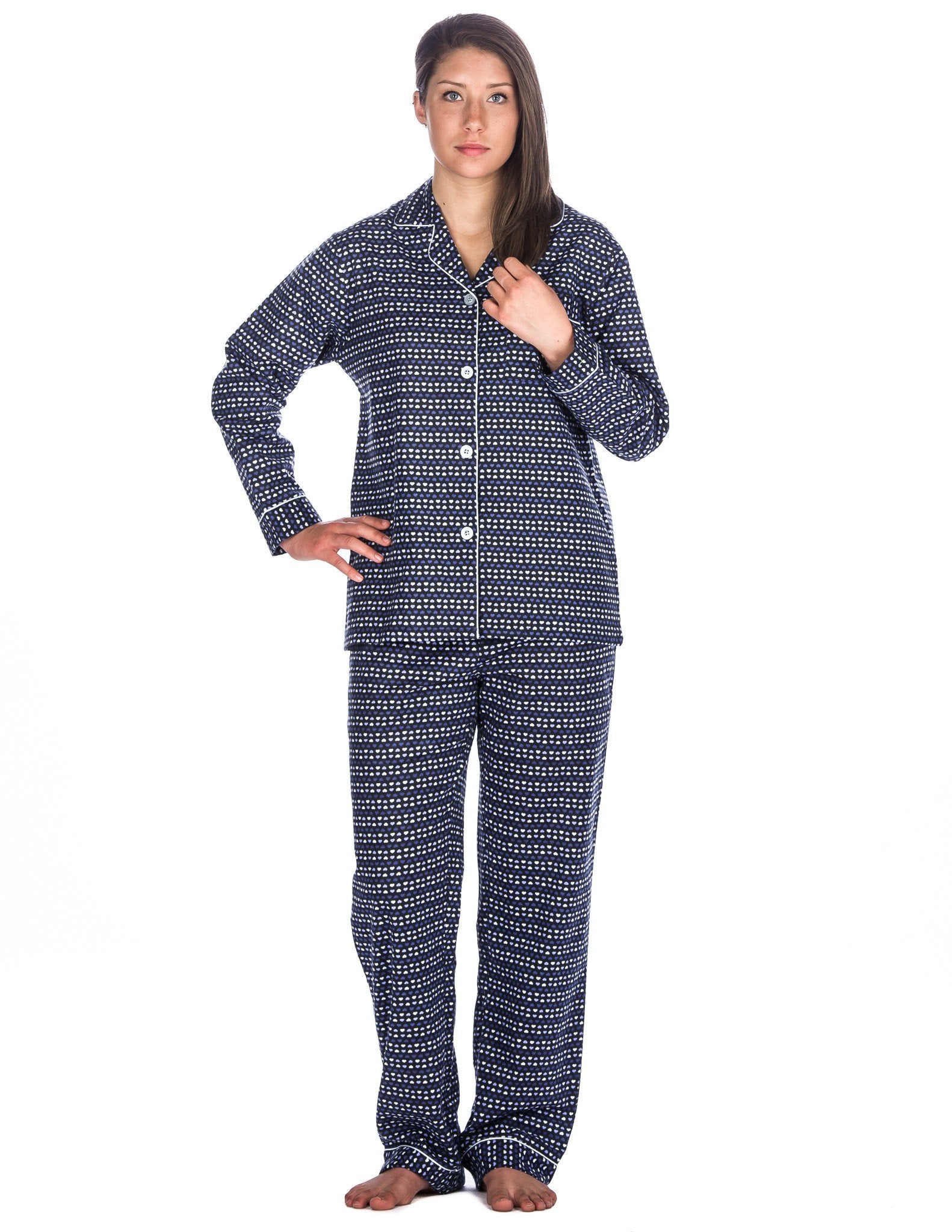 Realxed Fit Womens 100% Cotton Flannel Pajama Sleepwear Set - Hearts Blue
