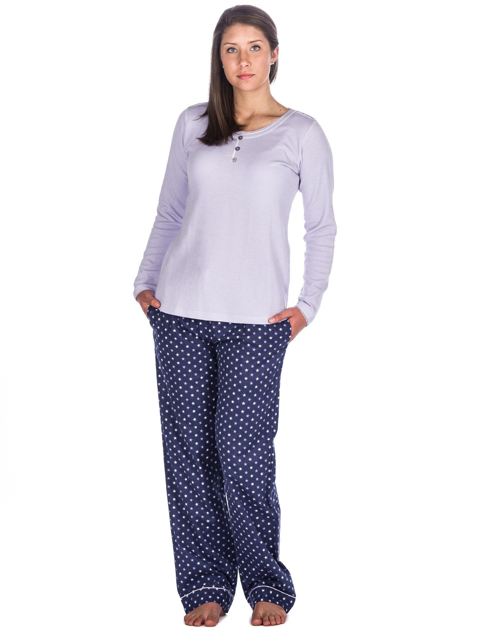 Relaxed Fit Womens Cotton Flannel Lounge Set with Crew Neck Top - Stars Blue