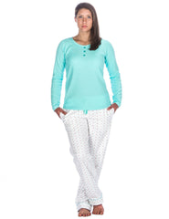 Relaxed Fit Womens Cotton Flannel Lounge Set with Crew Neck Top - Stars White
