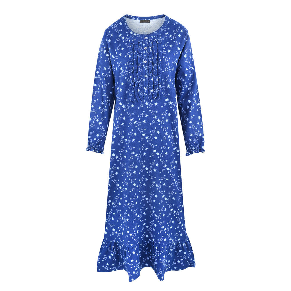 Women's Premium Flannel Long Gown - Starry Nights Blue