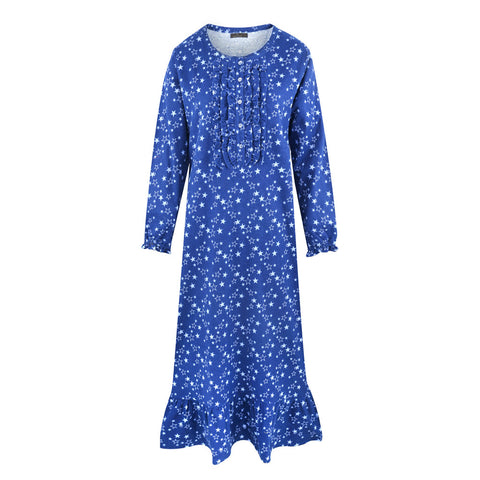 Women's Premium Flannel Long Gown - Starry Nights Blue