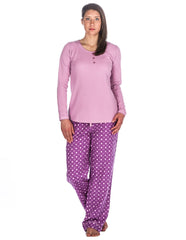 Relaxed Fit Womens Cotton Flannel Lounge Set with Crew Neck Top - Polka Circles Purple