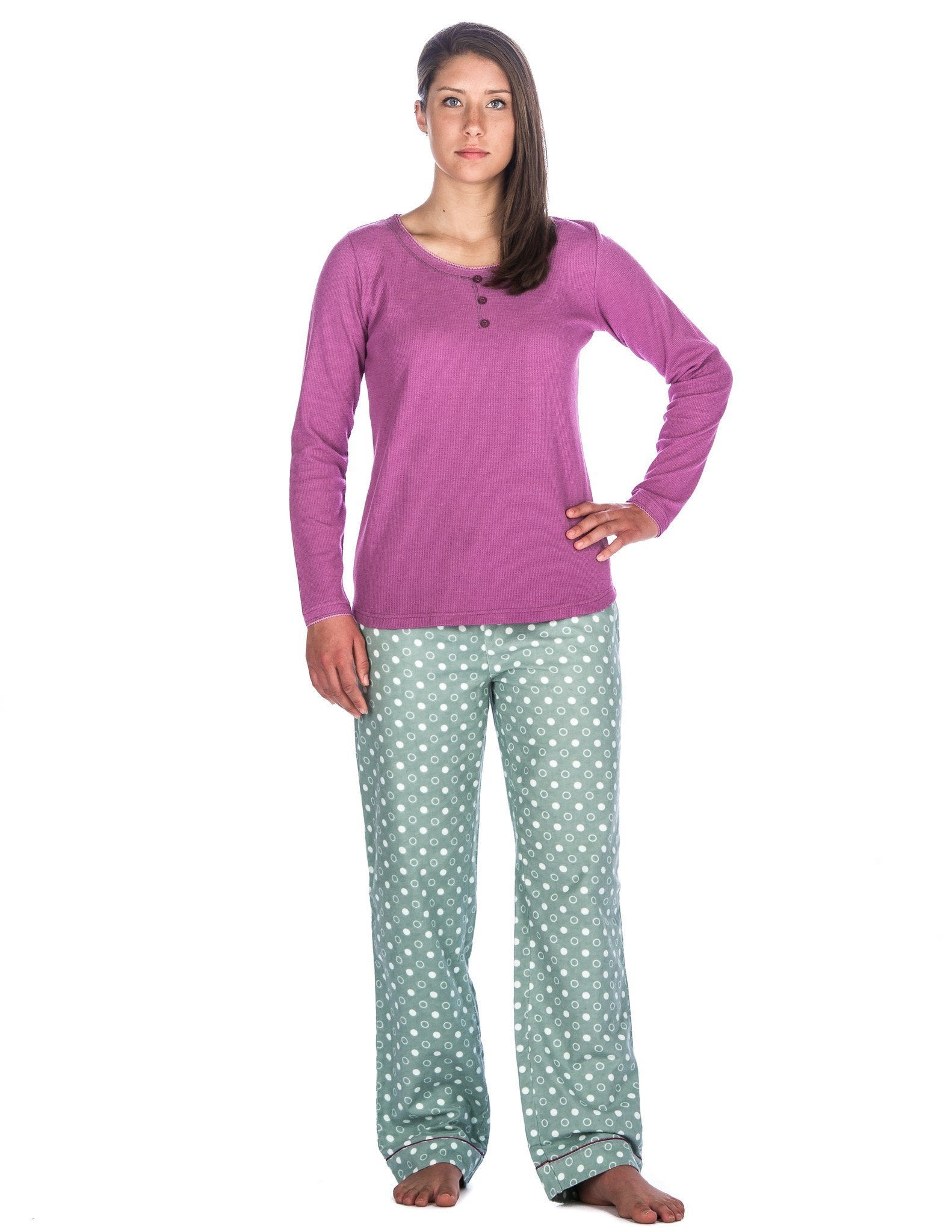 Relaxed Fit Womens Cotton Flannel Lounge Set with Crew Neck Top - Polka Circles Green