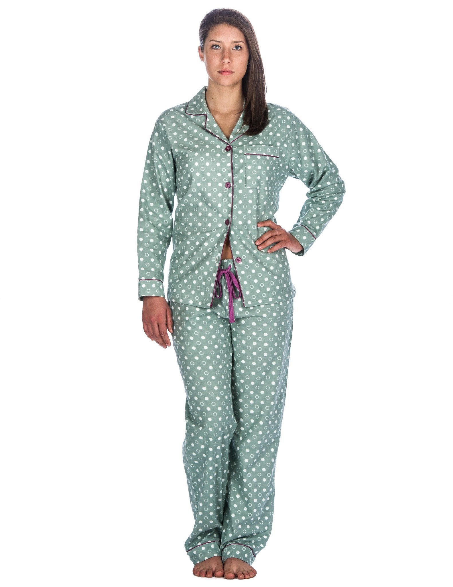 Realxed Fit Womens 100% Cotton Flannel Pajama Sleepwear Set - Polka Circles Green