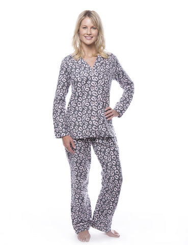 Women's 100% Cotton Flannel Pajama Sleepwear Set - Jaguar Grey/Pink