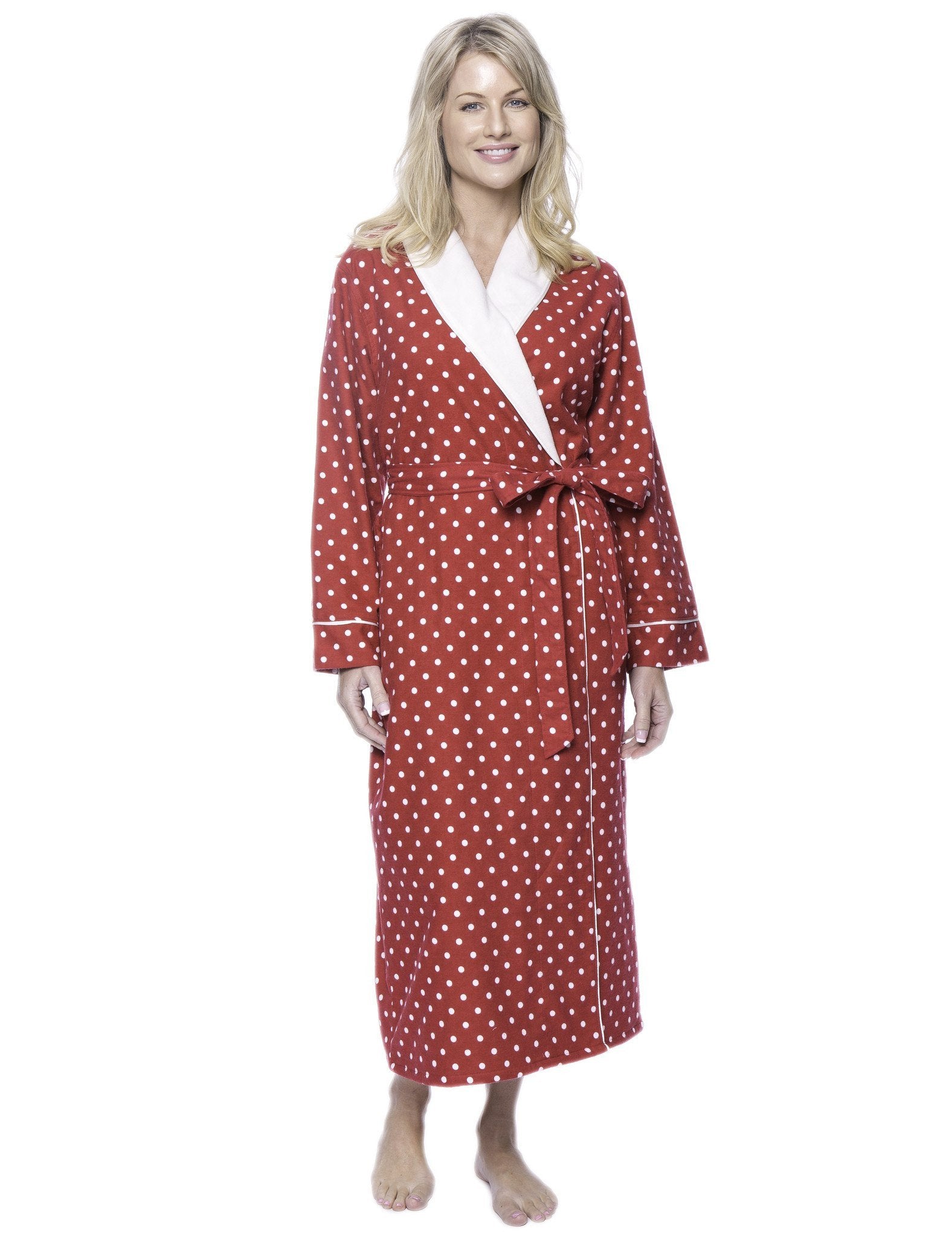 Women's Premium Flannel Fleece Lined Robe - Dots Diva Red