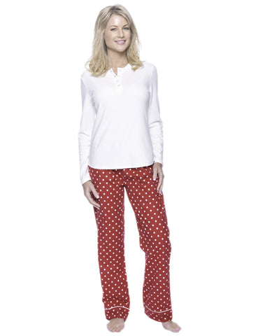 Womens Premium 100% Cotton Flannel Loungewear Set - Dots Diva Red