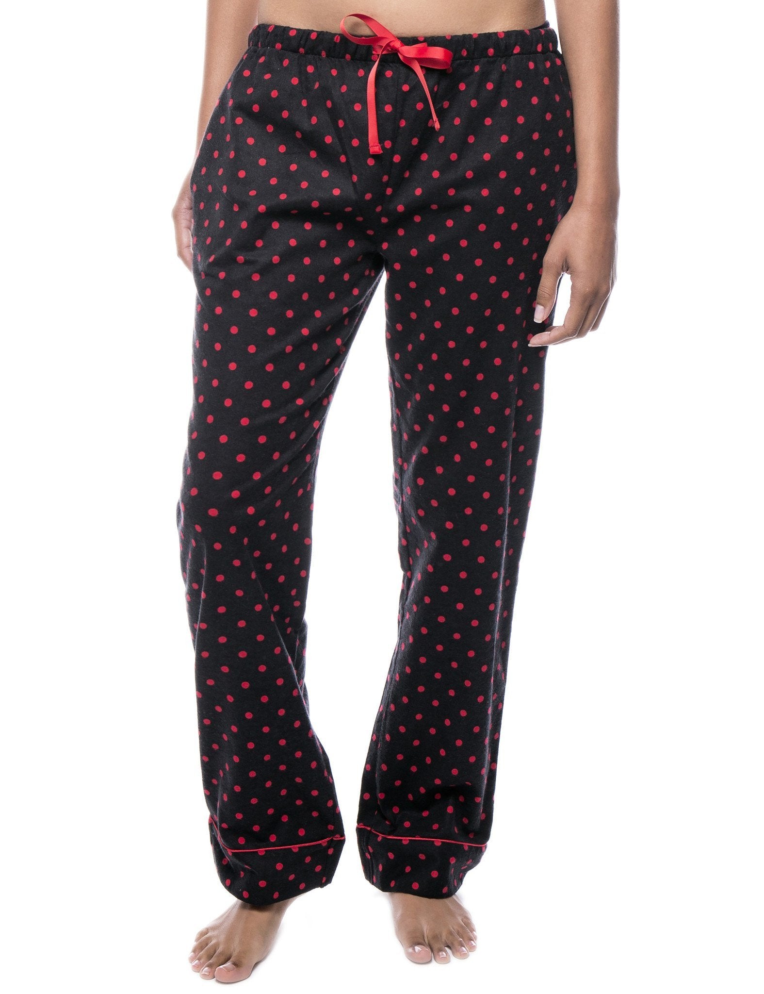 Womens 100% Cotton Flannel Lounge Pants - Dots Diva Black/Red