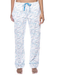 Womens 100% Cotton Flannel Lounge Pants - Floral White/Blue