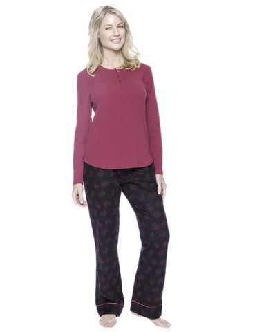 Womens Premium 100% Cotton Flannel Loungewear Set - Hearts Black/Red