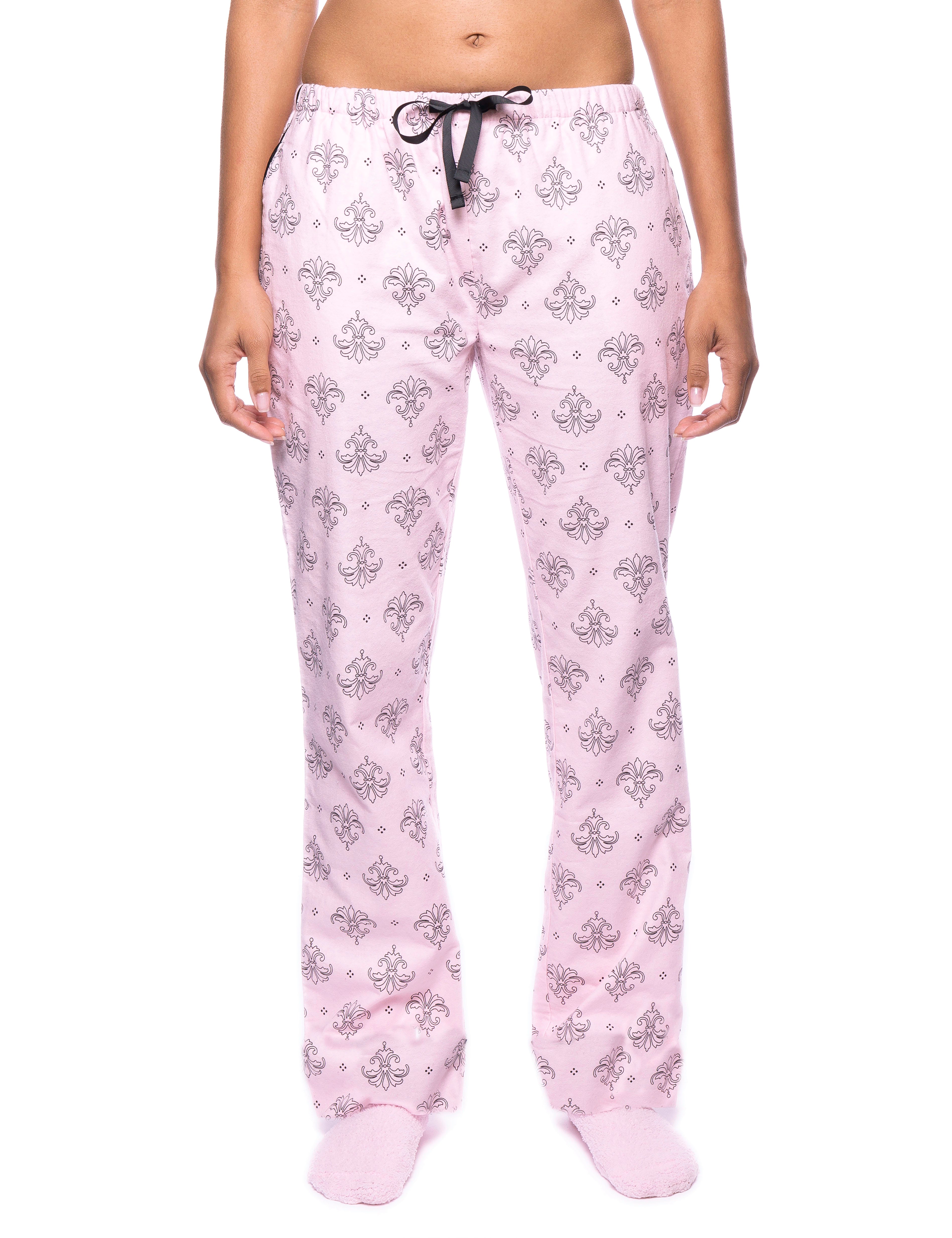 Womens Premium 100% Cotton Flannel Lounge Pants - Fleur Pink/Black