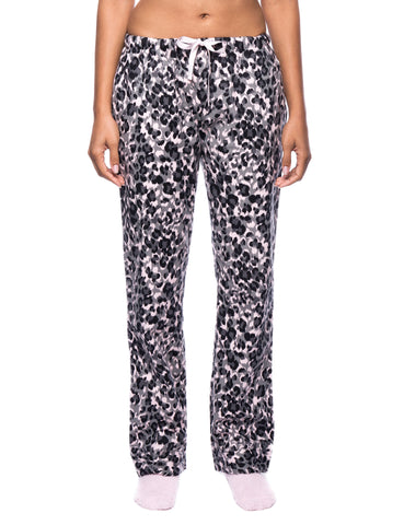 Womens Premium 100% Cotton Flannel Lounge Pants - Leopard Pink/Grey
