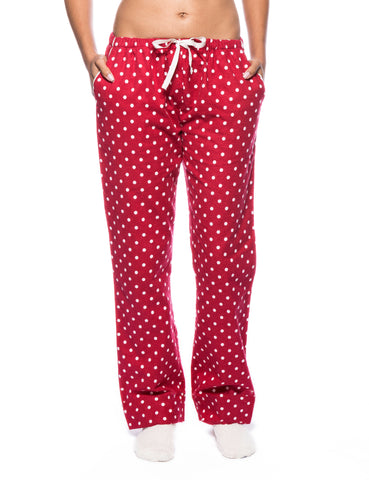 Womens Premium 100% Cotton Flannel Lounge Pants - Dots Diva Red