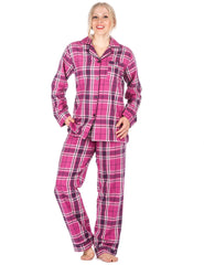 Women's Premium 100% Cotton Flannel Pajama Sleepwear Set (Relaxed Fit) - Plaid - Purple/Pink