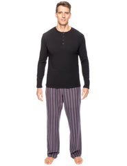 Mens Premium 100% Cotton Flannel Lounge Set - Stripes Black/Grey