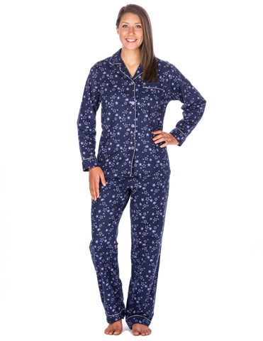 Women's Premium 100% Cotton Flannel Pajama Sleepwear Set (Relaxed Fit) - Starry Night - Blue