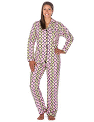 Women's Premium 100% Cotton Flannel Pajama Sleepwear Set (Relaxed Fit) - Swirly Daze - Purple/Green
